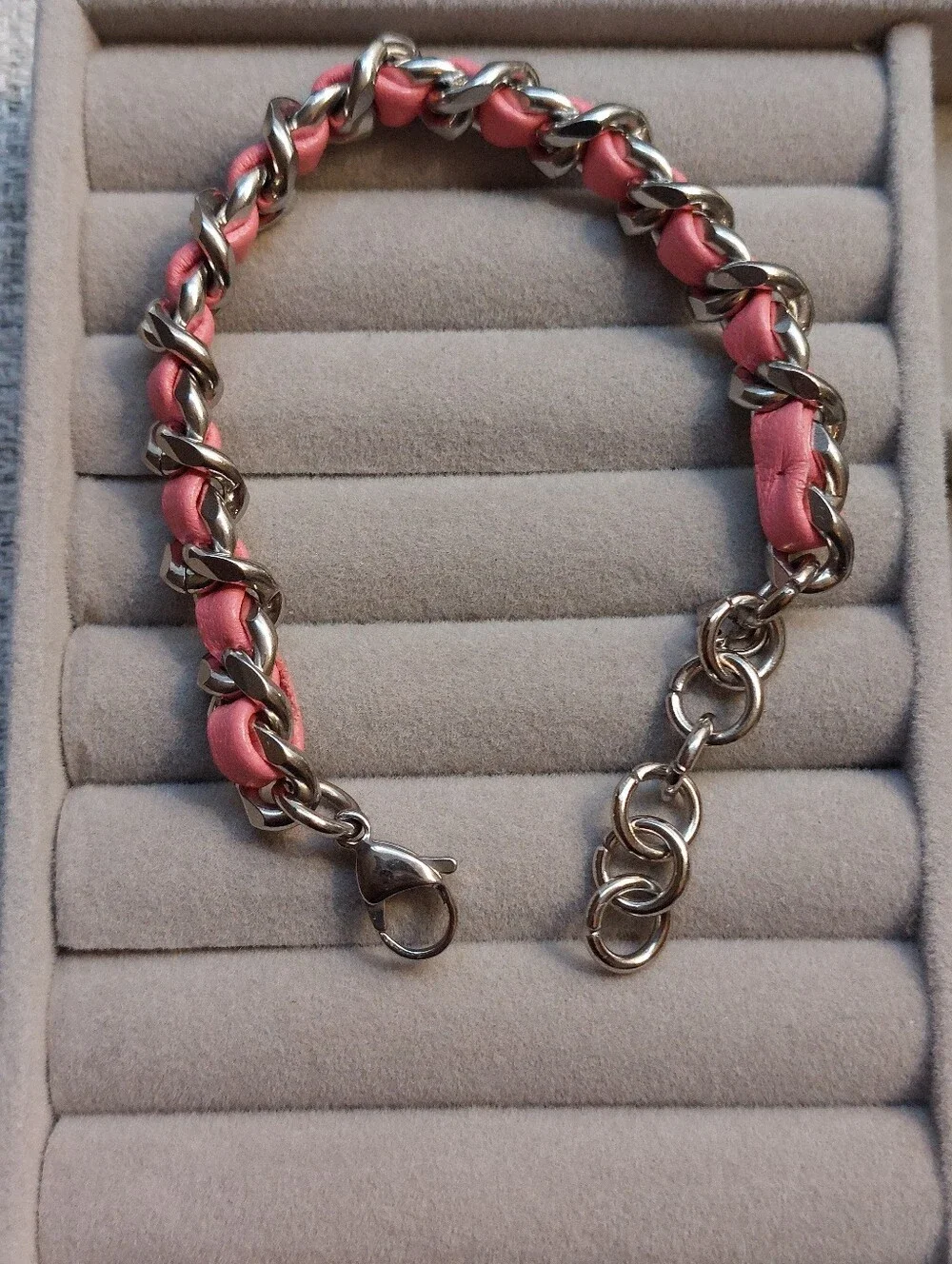 Stainless Steel Genuine Pink Leather Woven Chain Bracelet NEW